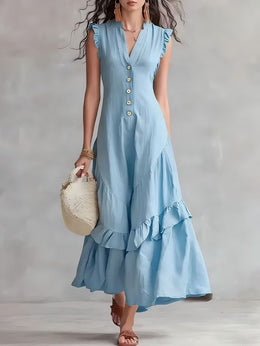 FLASH SALE - Elegant Ruffle Maxi Cotton Linen Dress | Tracked Shipping