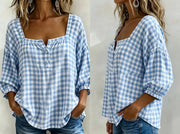FLASH SALE - Effortless Plaid Cotton Linen Blouse | Tracked Shipping