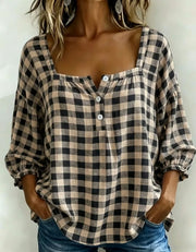 FLASH SALE - Effortless Plaid Cotton Linen Blouse | Tracked Shipping