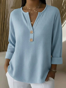 FLASH SALE – Waffle Knit Button V-Neck Top | Tracked Shipping