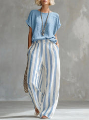 FLASH SALE - Effortless Striped Cotton Linen 2-Piece Set | Tracked Shipping